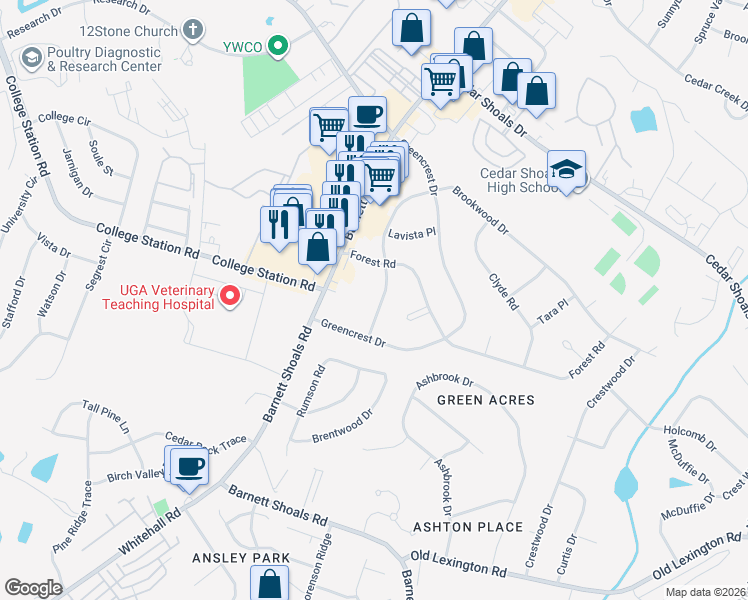 map of restaurants, bars, coffee shops, grocery stores, and more near 146 Brookwood Drive in Athens