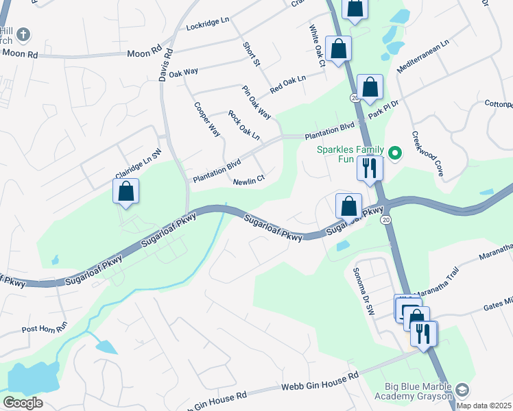 map of restaurants, bars, coffee shops, grocery stores, and more near 2205 Sugarloaf Parkway in Lawrenceville
