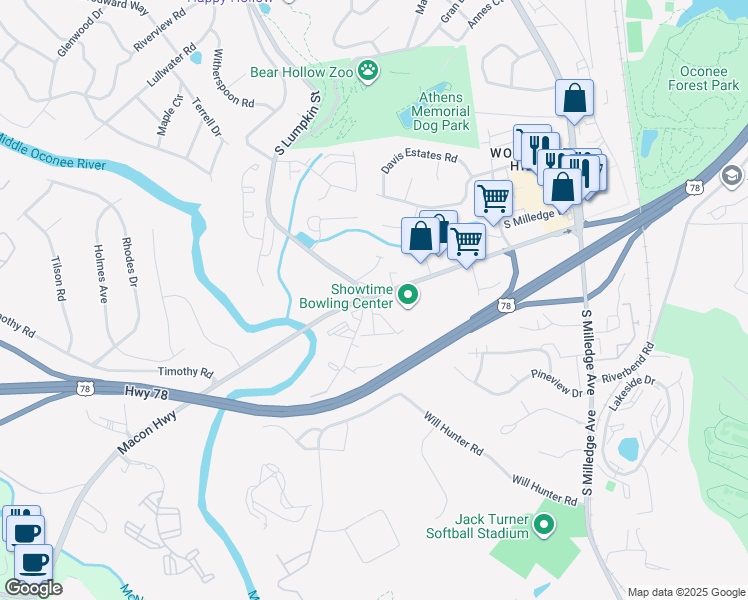 map of restaurants, bars, coffee shops, grocery stores, and more near 595 Macon Highway in Athens