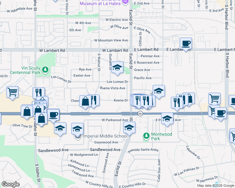 map of restaurants, bars, coffee shops, grocery stores, and more near 1010 Jaffrey Street in La Habra