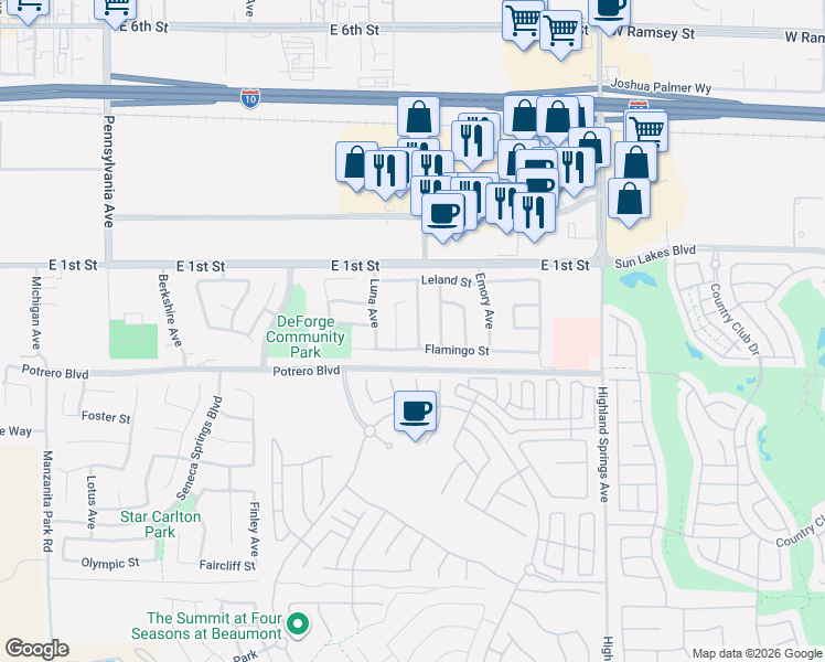 map of restaurants, bars, coffee shops, grocery stores, and more near 77 Billings Avenue in Beaumont