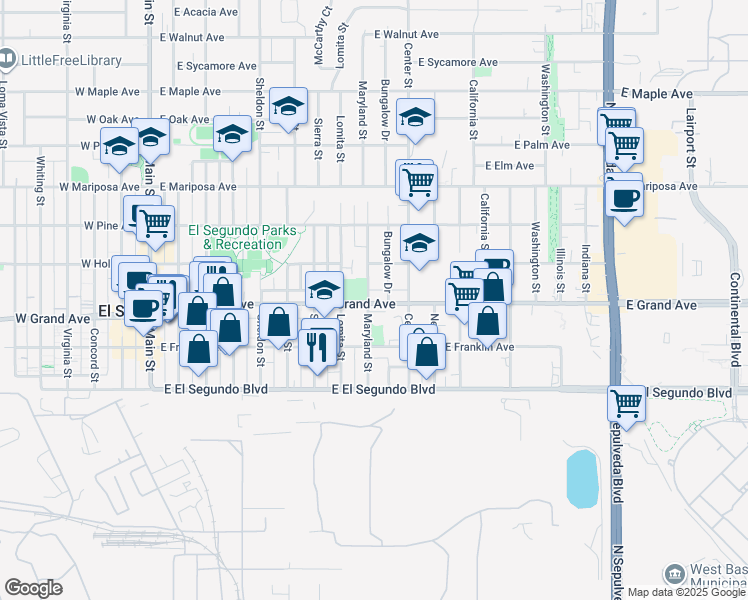 map of restaurants, bars, coffee shops, grocery stores, and more near 901 East Grand Avenue in El Segundo