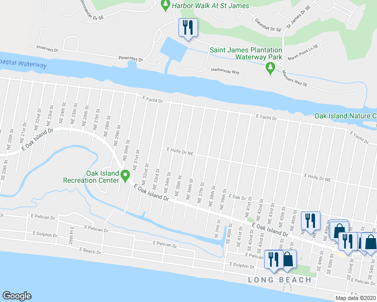 map of restaurants, bars, coffee shops, grocery stores, and more near 202 Northeast 35th Street in Oak Island