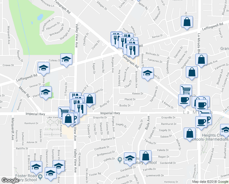 map of restaurants, bars, coffee shops, grocery stores, and more near 12124 Burgess Avenue in Whittier