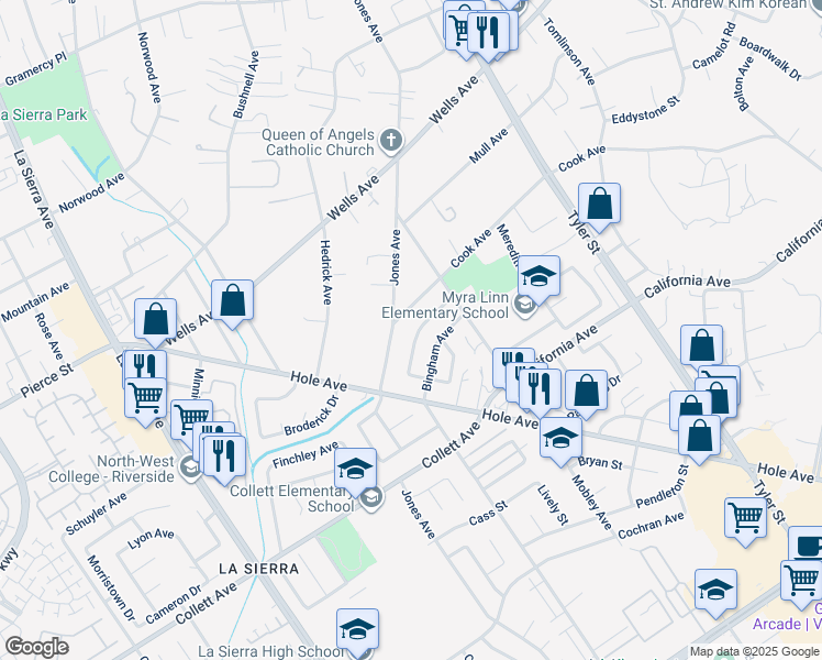 map of restaurants, bars, coffee shops, grocery stores, and more near 10589 Wolfe Ave in Riverside