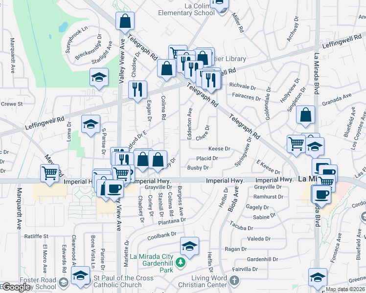 map of restaurants, bars, coffee shops, grocery stores, and more near 12124 Burgess Avenue in Whittier