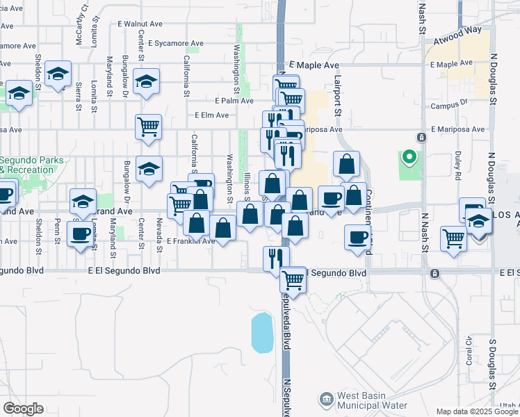 map of restaurants, bars, coffee shops, grocery stores, and more near 1771 East Grand Avenue in El Segundo