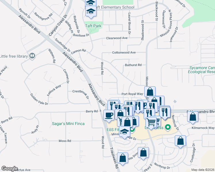 map of restaurants, bars, coffee shops, grocery stores, and more near 136 Sandpoint Lane in Riverside