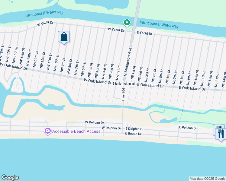 map of restaurants, bars, coffee shops, grocery stores, and more near 105 Southwest 1st Street in Oak Island
