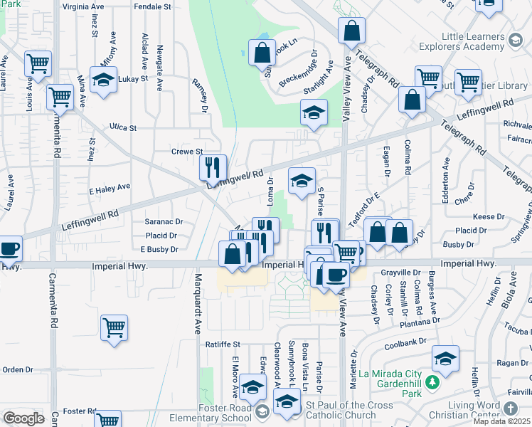 map of restaurants, bars, coffee shops, grocery stores, and more near 13949 Placid Drive in Whittier