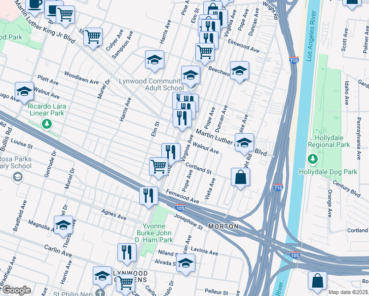 map of restaurants, bars, coffee shops, grocery stores, and more near 11515 Virginia Avenue in Lynwood