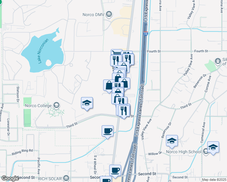 map of restaurants, bars, coffee shops, grocery stores, and more near 1819 Lampton Lane in Norco