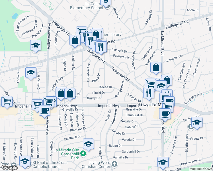 map of restaurants, bars, coffee shops, grocery stores, and more near 12128 Armsdale Avenue in Whittier
