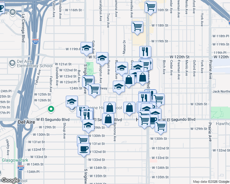 map of restaurants, bars, coffee shops, grocery stores, and more near 12421 Ramona Avenue in Hawthorne