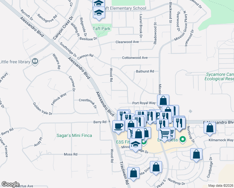 map of restaurants, bars, coffee shops, grocery stores, and more near 136 Sandpoint Lane in Riverside