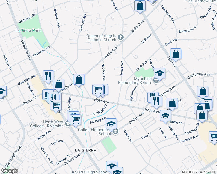 map of restaurants, bars, coffee shops, grocery stores, and more near 4631 Hedrick Avenue in Riverside
