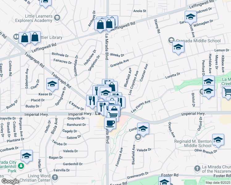 map of restaurants, bars, coffee shops, grocery stores, and more near 12200 La Mirada Boulevard in La Mirada