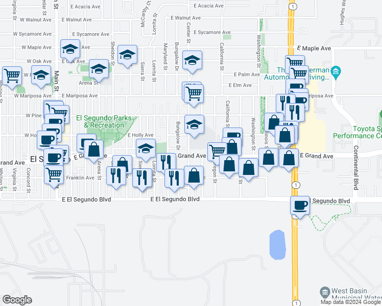 map of restaurants, bars, coffee shops, grocery stores, and more near 1111 East Grand Avenue in El Segundo