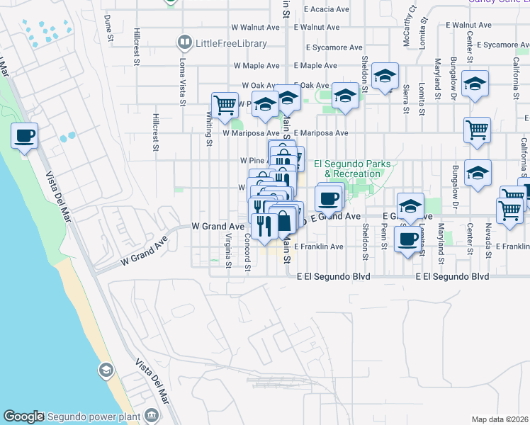 map of restaurants, bars, coffee shops, grocery stores, and more near 319 Richmond Street in El Segundo
