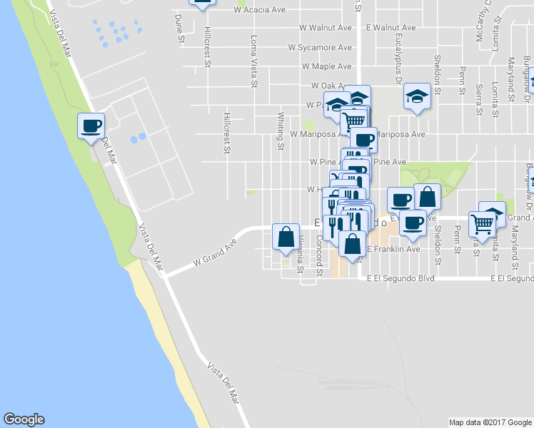 map of restaurants, bars, coffee shops, grocery stores, and more near in El Segundo