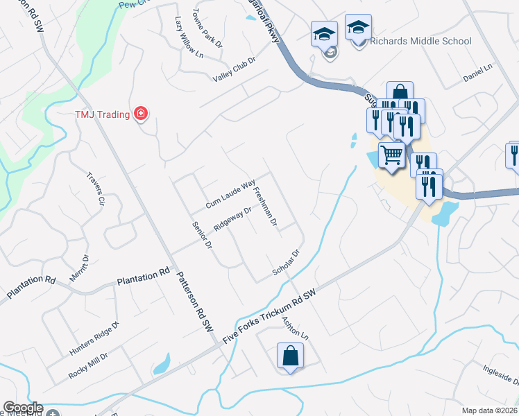 map of restaurants, bars, coffee shops, grocery stores, and more near 1696 Ridgeway Drive in Lawrenceville