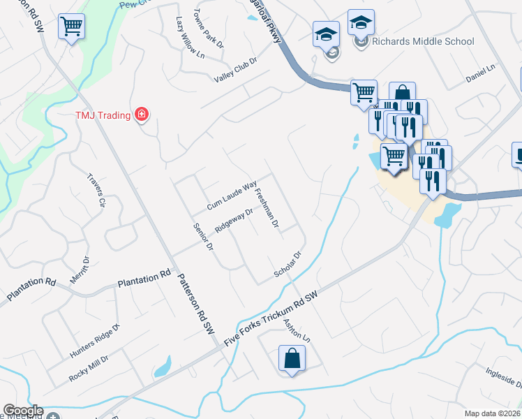 map of restaurants, bars, coffee shops, grocery stores, and more near 1696 Ridgeway Drive in Lawrenceville