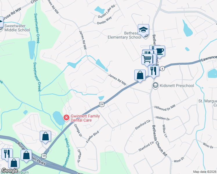 map of restaurants, bars, coffee shops, grocery stores, and more near 3202 Glenloch Place in Lawrenceville