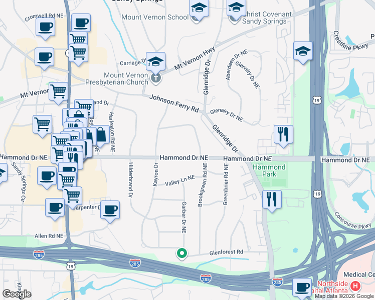 map of restaurants, bars, coffee shops, grocery stores, and more near 564 Hammond Drive in Atlanta