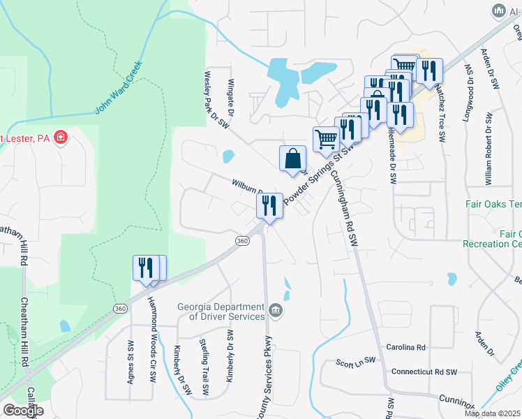 map of restaurants, bars, coffee shops, grocery stores, and more near 997 Wilburn Drive Southwest in Marietta