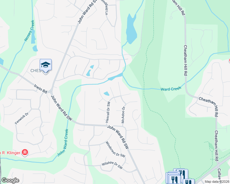 map of restaurants, bars, coffee shops, grocery stores, and more near 1917 Knipe Drive Southwest in Marietta