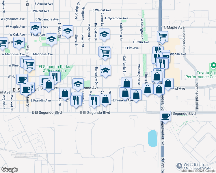 map of restaurants, bars, coffee shops, grocery stores, and more near 1111 East Grand Avenue in El Segundo