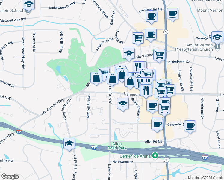 map of restaurants, bars, coffee shops, grocery stores, and more near 100 Hammond Drive in Atlanta