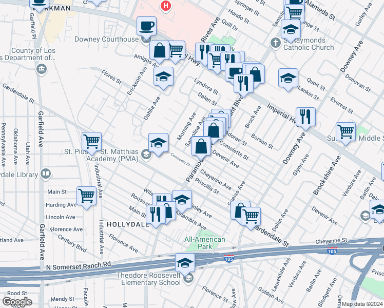 map of restaurants, bars, coffee shops, grocery stores, and more near 7945 Puritan Street in Downey
