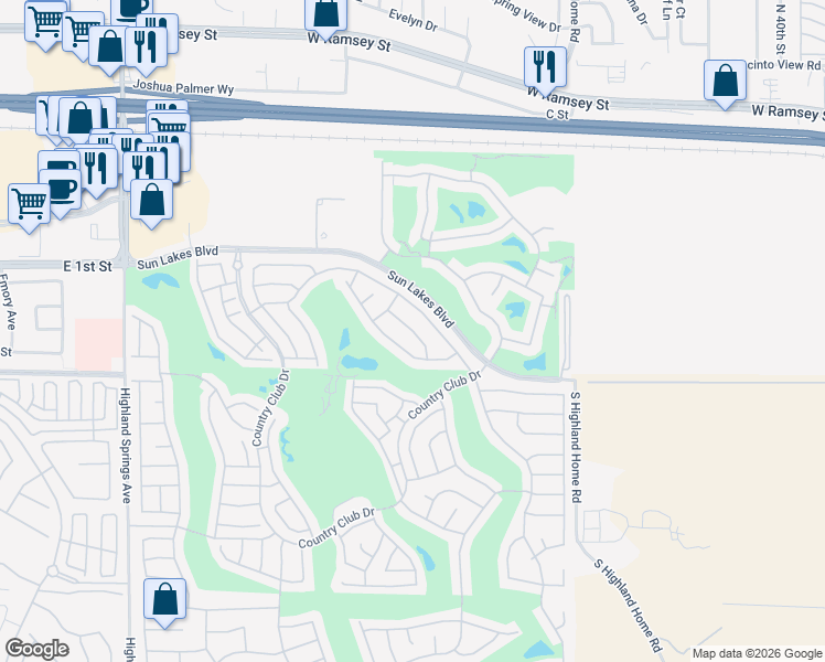 map of restaurants, bars, coffee shops, grocery stores, and more near West Plain Field Drive in Banning