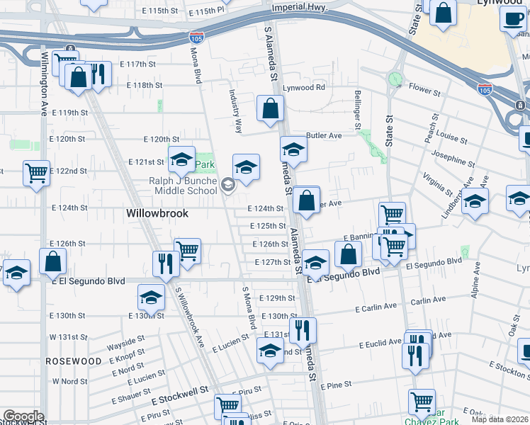 map of restaurants, bars, coffee shops, grocery stores, and more near 2618 East 124th Street in Compton
