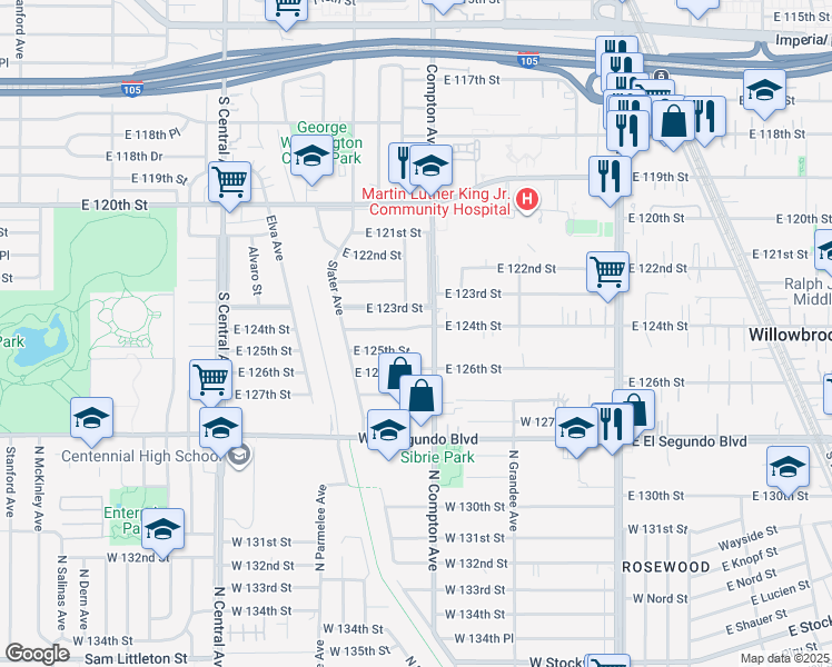 map of restaurants, bars, coffee shops, grocery stores, and more near 1530 East 124th Street in Los Angeles