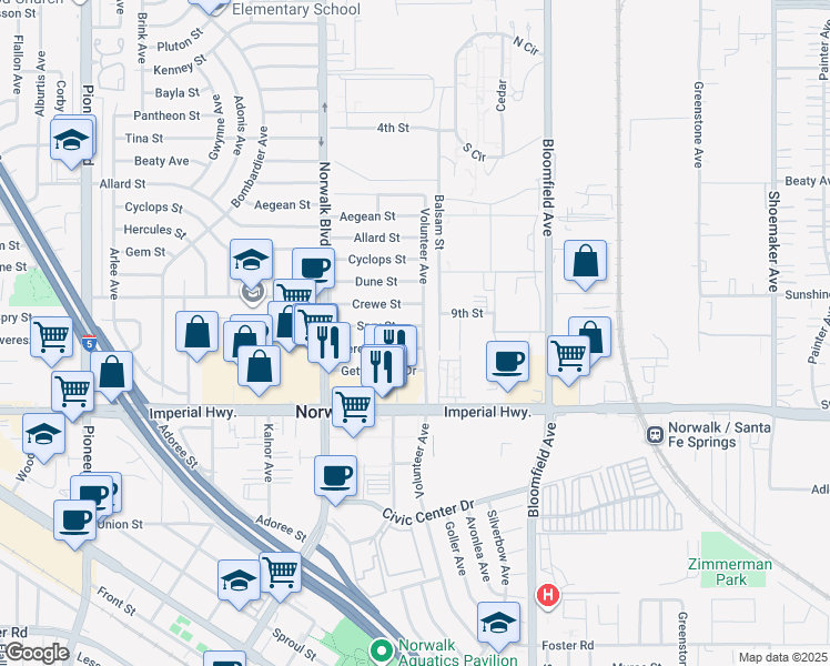 map of restaurants, bars, coffee shops, grocery stores, and more near 12344 Spry Street in Norwalk
