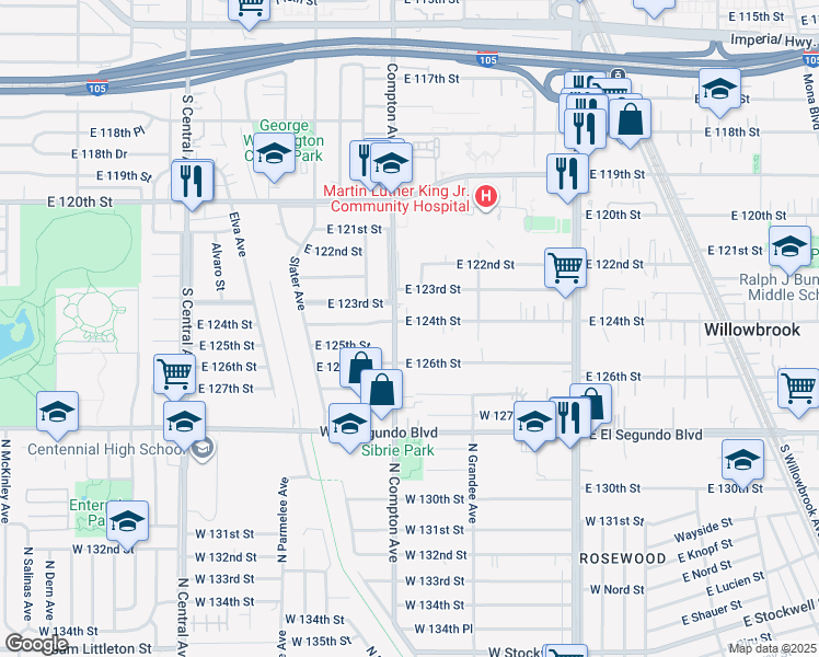 map of restaurants, bars, coffee shops, grocery stores, and more near 1614 East 124th Street in Compton