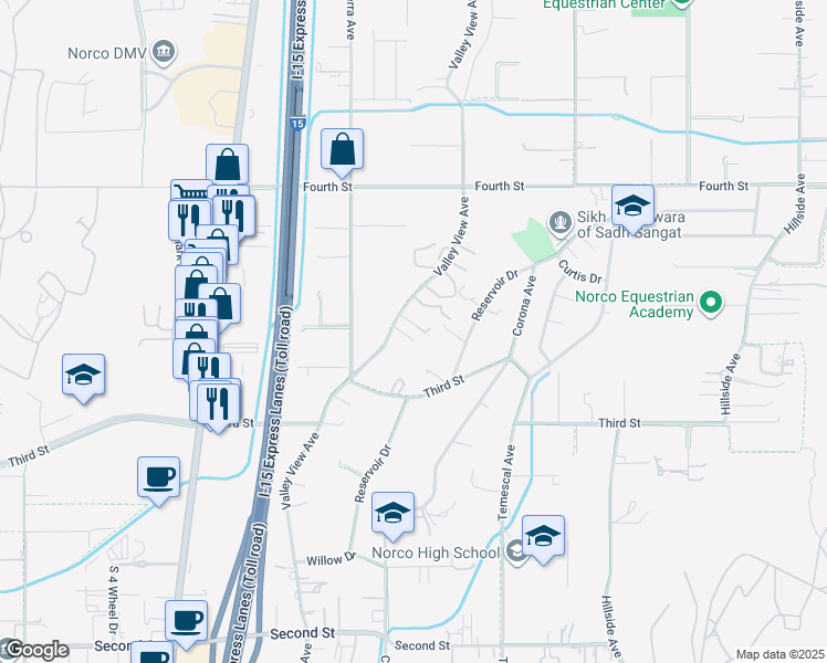 map of restaurants, bars, coffee shops, grocery stores, and more near 2627 Valley View Avenue in Norco