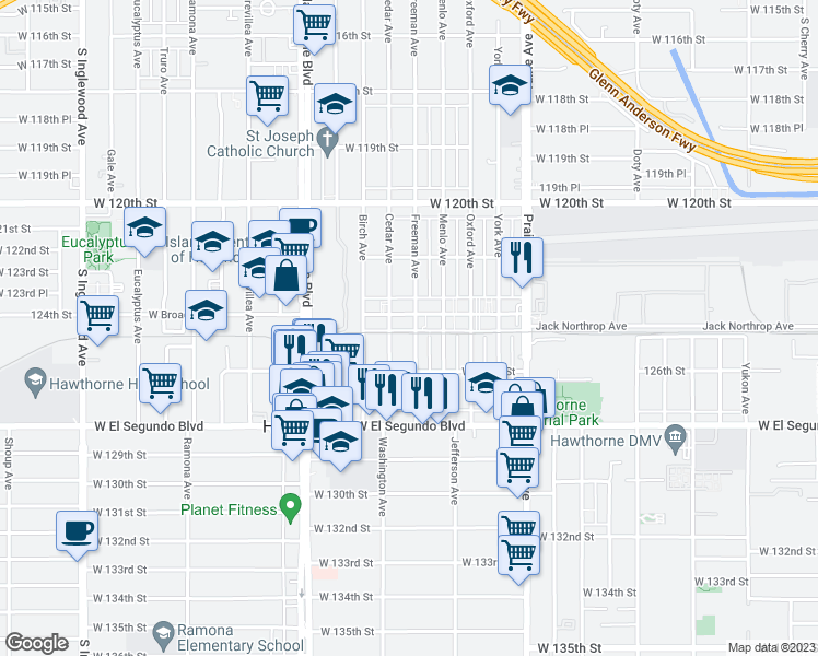map of restaurants, bars, coffee shops, grocery stores, and more near 12415 Freeman Avenue in Hawthorne