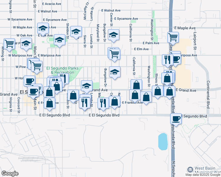 map of restaurants, bars, coffee shops, grocery stores, and more near 1025 East Grand Avenue in El Segundo