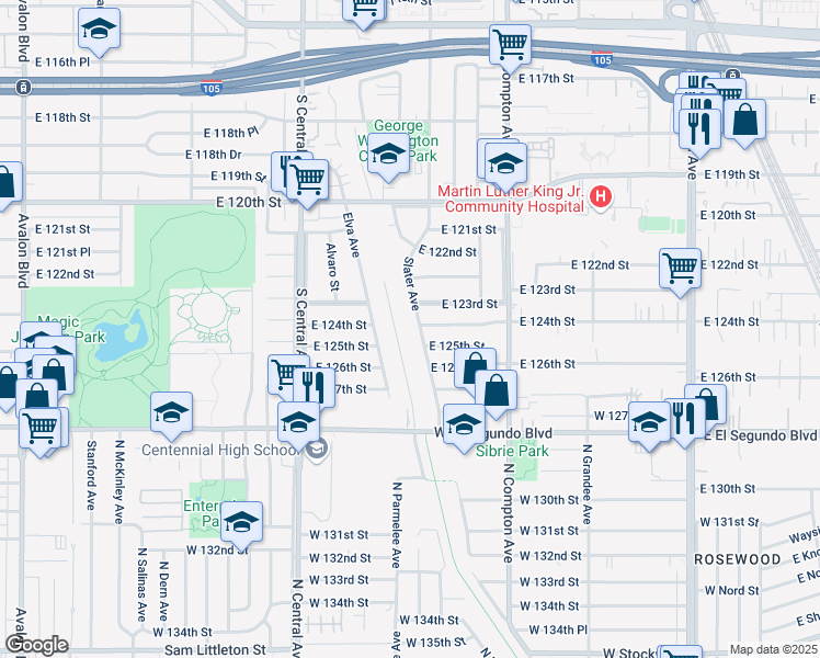 map of restaurants, bars, coffee shops, grocery stores, and more near 12402 Slater Avenue in Compton