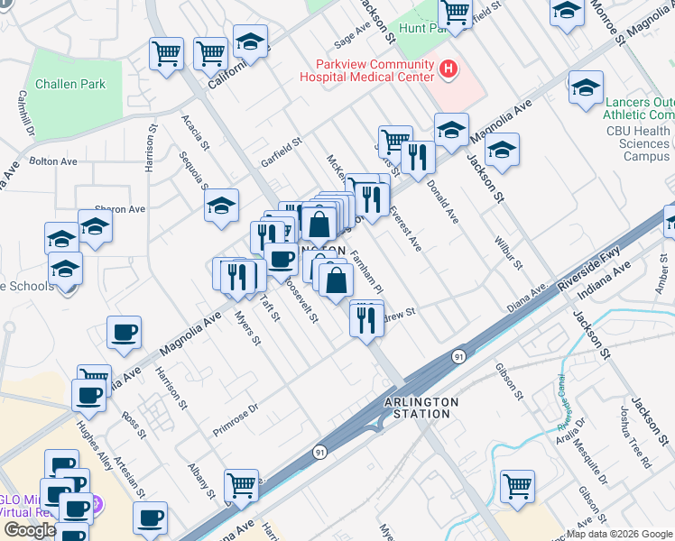 map of restaurants, bars, coffee shops, grocery stores, and more near 3745 Van Buren Blvd in Riverside