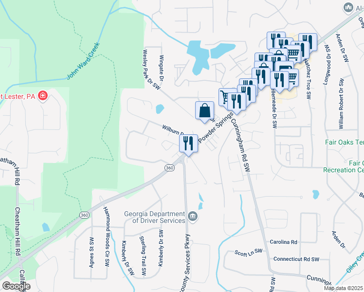 map of restaurants, bars, coffee shops, grocery stores, and more near 997 Wilburn Drive Southwest in Marietta