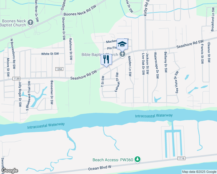 map of restaurants, bars, coffee shops, grocery stores, and more near 2527 K Street Southwest in Brunswick County