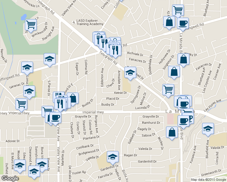 map of restaurants, bars, coffee shops, grocery stores, and more near 14517 Keese Dr in Whittier