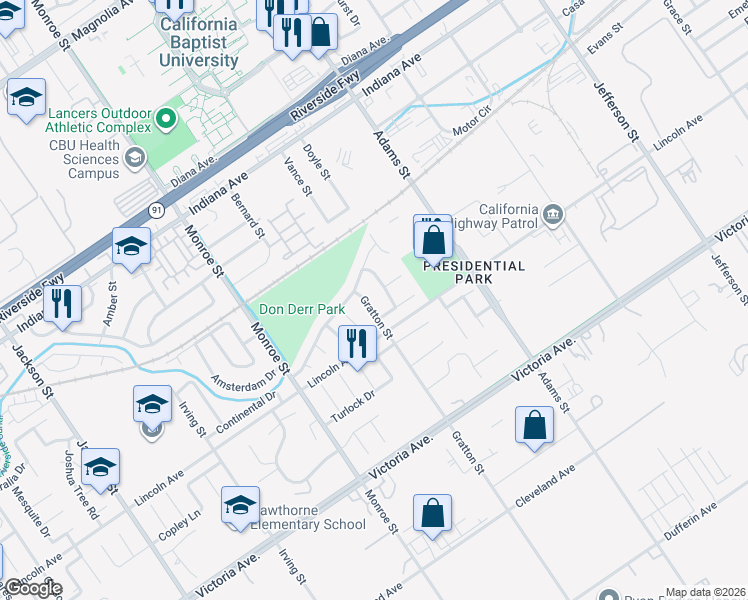 map of restaurants, bars, coffee shops, grocery stores, and more near 2961 Gratton Street in Riverside