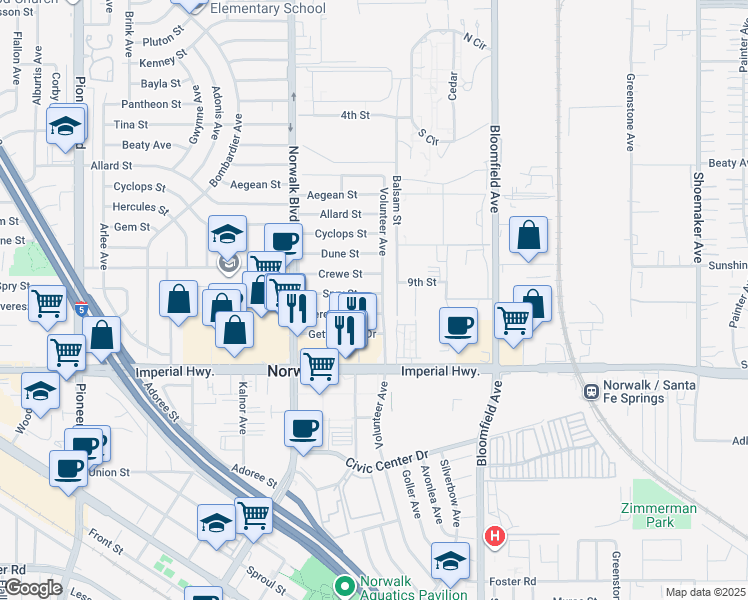 map of restaurants, bars, coffee shops, grocery stores, and more near 12344 Spry Street in Norwalk