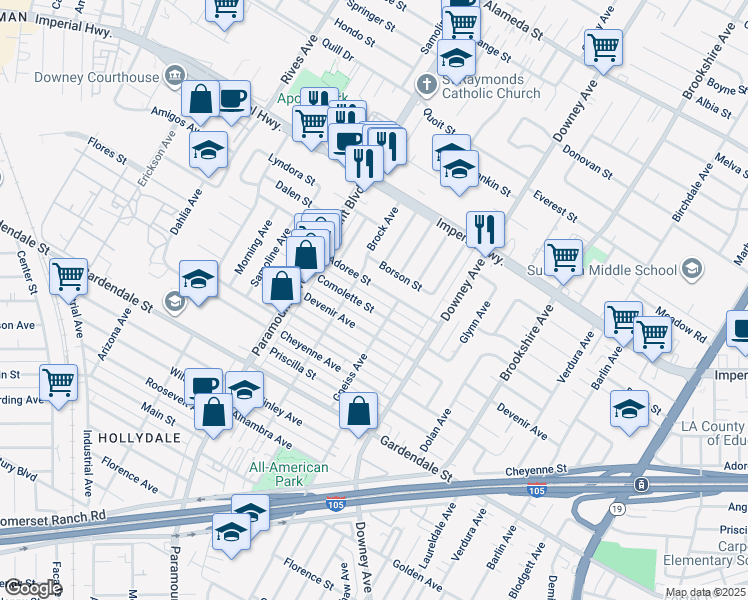 map of restaurants, bars, coffee shops, grocery stores, and more near 8129 Comolette Street in Downey