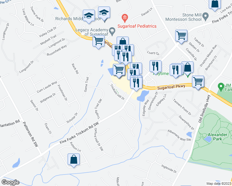 map of restaurants, bars, coffee shops, grocery stores, and more near 436 Trickum Hill Drive in Lawrenceville